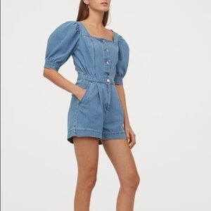 H&M Blue Women's Puff Sleeve Denim Shorts Romper